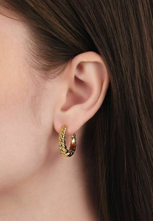 Close-up van het oor van een vrouw met stijlbruin haar, die een gedraaide gouden ringoorbel draagt.