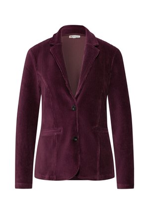 Blazer en velours côtelé bordeaux avec un col cranté, deux poches avant et une seule fermeture à bouton noir. Texture à côtes verticales.