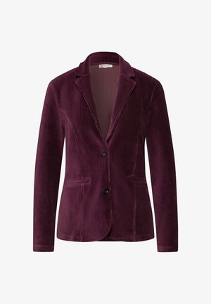 Blazer en velours côtelé bordeaux avec un col cranté, deux poches avant et une seule fermeture à bouton noir. Texture à côtes verticales.