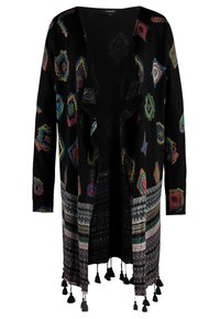 Schwarze Strickjacke mit bunten geometrischen Mustern, offenem Vorderteil, gerippten Ärmeln und Quasten am Saum. Weicher Stoff, lockere Passform.