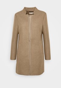 Lang beige frakke med et struktureret stof, åben front, krave og to sidelommer, med en glat indvendig foring.