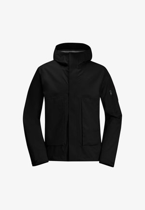 Schwarze wasserdichte Jacke mit hohem Kragen, Reißverschluss auf der Vorderseite, großen Fronttaschen und einer Reißverschlusstasche am Ärmel. Glatte Textur, funktionales Design.