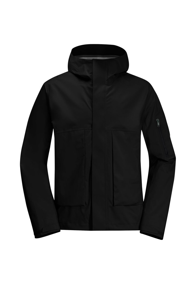 Zwarte waterdichte jas met een hoge kraag, rits aan de voorkant, grote voorzakken en een ritszak op de mouw. Glad textuur, functioneel ontwerp.