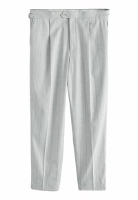Hellgraue Hose aus einem Stoff mit vertikalen Streifen. Sie verfügt über ein plissiertes Design und eine flache Vorderseite mit einem Knopfverschluss am Bund.