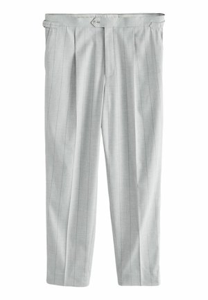 Hellgraue Hose aus einem Stoff mit vertikalen Streifen. Sie verfügt über ein plissiertes Design und eine flache Vorderseite mit einem Knopfverschluss am Bund.