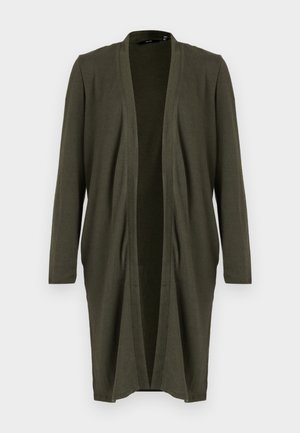 Oliwkowy otwarty kardigan z długimi rękawami, wykonany z miękkiego, lekkiego materiału, z luźnym przodem i bez zapięcia.