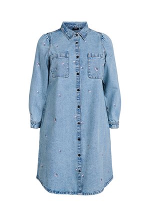 Džínová košeľa s dlhým rukávom vo svetlomodrej farbe s kvetinovou výšivkou, zapínanie na gombíky vpredu, dve predné vrecká na hrudi a dlhé rukávy s naťahovacími manžetami.