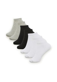 Zestaw sześciu skarpetek na kostkę w kolorze szarym, czarnym i białym. Dzianina z ribbowanym mankietem, gładka tekstura i brak widocznych wzorów lub elementów metalowych.