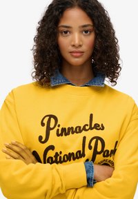 Felpa gialla con il testo "Pinnacles National Park" in marrone scuro, caratterizzata da un colletto in denim. Capelli ricci e braccia incrociate completano il look.