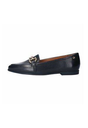Mocassin en cuir noir avec détail de boucle en métal doré et petit talon, finition lisse, et design à bout carré arrondi.