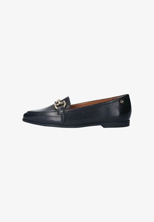 Mocassin en cuir noir avec détail de boucle en métal doré et petit talon, finition lisse, et design à bout carré arrondi.