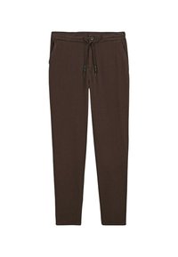 Pantalons marron, fuselés, fabriqués à partir d'un tissu texturé. Présentent une taille élastique avec cordon de serrage et deux poches latérales. Rayures verticales visibles.