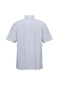 Kurzarmhemd im hellblauen Gingham-Muster. Hergestellt aus Baumwolle, mit Kragen und geradem Schnitt, ausgestattet mit einer Rückenfalte.