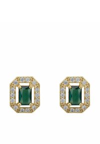 Gold octagonal earrings featuring a central green emerald cut stone, framed by small round clear stones. Smooth texture, elegant design.