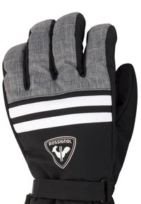 Svarta och grå skidvantar med en texturerad tyg, vita horisontella ränder och en framträdande logotyp på handleden. Justerbar rem ingår.