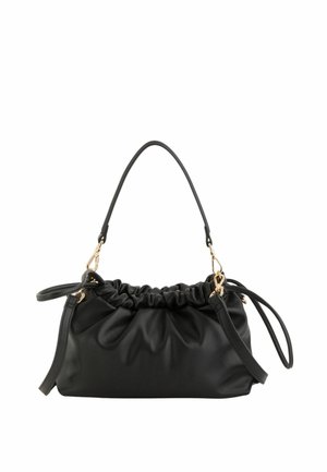 Bolso de mano negro de cuero suave con parte superior fruncida, herrajes dorados y correa de hombro desmontable sobre fondo blanco.