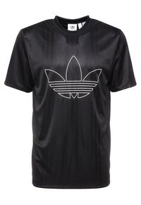 T-shirt de sport noir en tissu lisse, arborant un grand logo trefoil blanc d'Adidas centré sur la poitrine avec des rayures verticales.