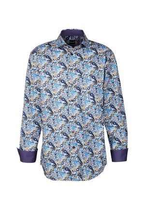 Camicia a maniche lunghe con un motivo floreale blu su uno sfondo crema, con polsini e colletto blu navy, e chiusura frontale con bottoni.