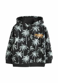 Black zip-up hoodie featuring a palm tree pattern in light gray and an orange "Los Angeles" graphic on the chest. Soft fabric, regular fit.
