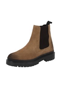 Bottes Chelsea en daim marron avec un panneau latéral élastique noir, un bout arrondi et une semelle épaisse en caoutchouc avec un dessin en relief.