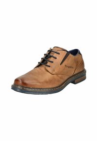 Zapato de cuero marrón con un acabado liso, puntera redondeada, cordones negros, costura lateral y un acento marrón en el talón.