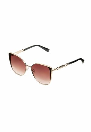 Cat-eye sunglasses with a gold metal frame and black textured arms. Gradient rose-tinted lenses. Features chain-link accent on the temples.