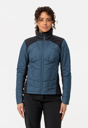 Blaue isolierte Jacke mit schwarzen Akzenten, hoher Kragen, Reißverschluss vorne und geometrischem Steppmuster. Leichtes und atmungsaktives Material.
