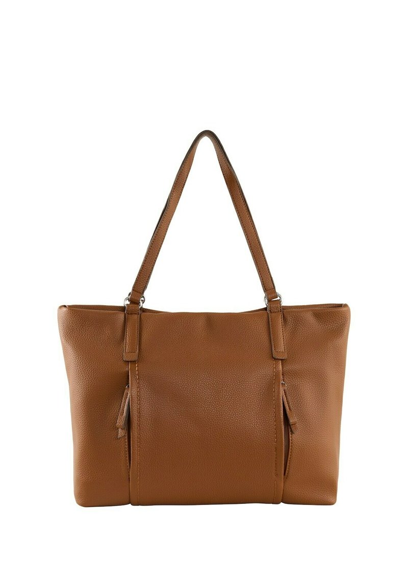 Braune Ledertasche mit strukturiertem Oberflächen, zwei Schulterriemen und einem Reißverschlussfach an der Seite. Quadratische Form, geräumiges Design.