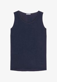 Camiseta sin mangas azul marino con escote redondo, hecha de tela suave, mostrada extendida sobre fondo blanco.