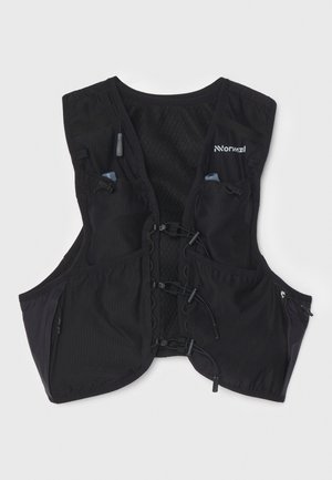 Black lightweight vest featuring a mesh interior, adjustable straps, and multiple zippered pockets for storage.