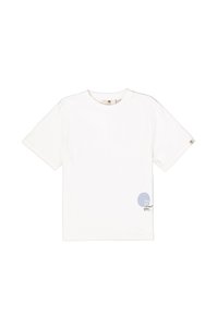 Camiseta blanca de manga corta hecha de algodón. Presenta un gráfico circular azul y texto en la parte inferior delantera. Escote redondo y corte relajado.