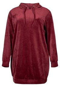 Bordeauxfarbene Samt-Hoodie-Kleid mit langen Ärmeln, verstellbaren Kordelzügen und gerippten Bündchen. Glatte Textur und lässiger Schnitt.