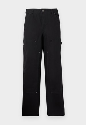 Pantaloni cargo negri, confectionați dintr-un material rezistent, cu multiple buzunare laterale ce au închidere cu capse, un design cu picior drept și închidere cu buton.