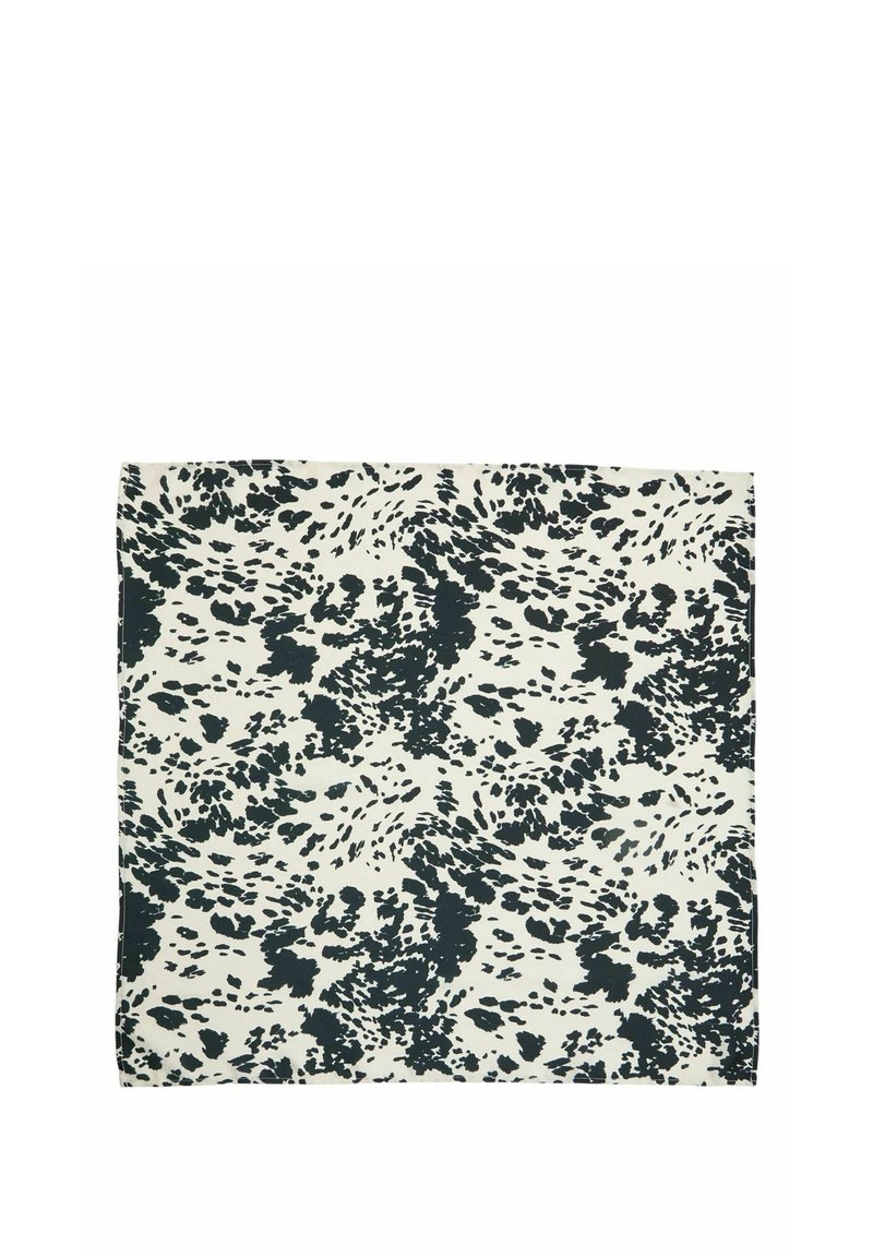 Écharpe en coton avec une base crème et un motif abstrait à pois vert foncé. Forme carrée avec des bords piqués.
