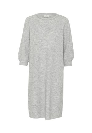 Helehall soe kõrge kaelusega kudum dresses, millel on kolmveerandvarrukad ja mugav lõige. Pehme tekstuur ja asümmeetriline alläär.