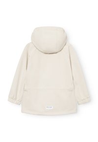 Cremfarbener Blazer mit Kapuze, elastischen Bündchen und geradem Schnitt. Besitzt ein Etikett auf der Rückseite. Glattes Material, minimalistisches Design.