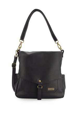 Schwarze Lederhandtasche mit strukturiertem Finish, verstellbarem Schultergurt, goldenen Hardware-Details und einem Klappenverschluss mit Druckknopf.