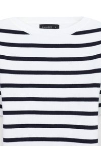 Maglione bianco a maglia con righe orizzontali nere e scollatura rotonda, taglia S, etichetta del marchio "Calliope" all'interno del colletto.