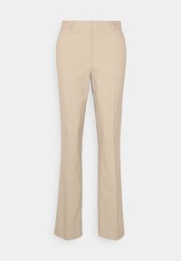 Pantalons beige évasés en tissu texturé avec de fines rayures verticales. Présentent des passants de ceinture et une fermeture éclair sur le devant.