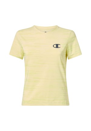 Lichtgeel T-shirt met korte mouwen en ronde hals, met subtiele horizontale strepen en een klein donker logo op de linkerborst.