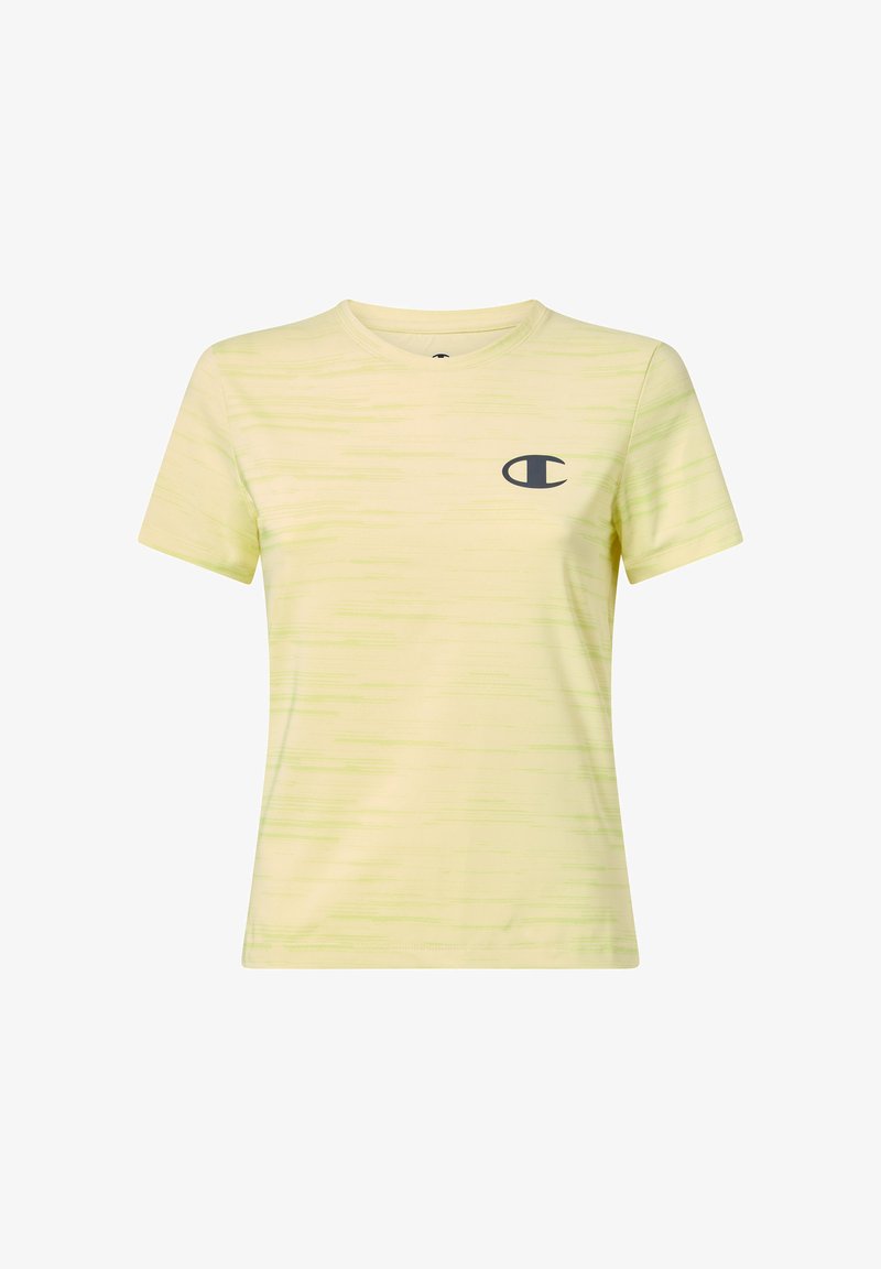 Lichtgeel T-shirt met korte mouwen en ronde hals, met subtiele horizontale strepen en een klein donker logo op de linkerborst.