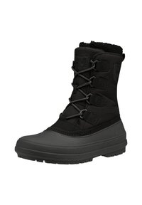 Botas negras impermeables con cierre de cordones, parte superior de textil, suela de goma y un cuello de piel sintética para calidez y comodidad.