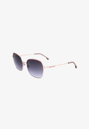 Occhiali da sole di forma quadrata con sottile montatura in metallo rosa e lenti scure sfumate, con cuscinetti sul naso e aste sottili con scritta del marchio.