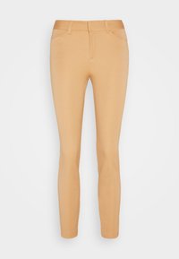 Avsmalnande beige byxor tillverkade av ett mjukt, stretchigt material med fem fickor och en slät framsida. Perfekta för avslappnad eller semi-formell klädsel.