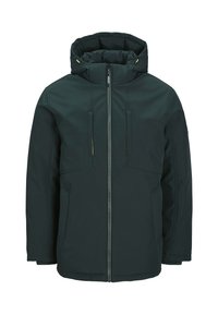 Veste isolante vert foncé avec une capuche, dotée d'une fermeture éclair et de deux poches avant, fabriquée à partir d'un tissu lisse et texturé.