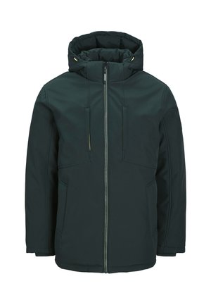 Donkergroene geïsoleerde jas met een capuchon, voorzien van een ritsluiting en twee voorkruisen, gemaakt van een gladde, gestructureerde stof.