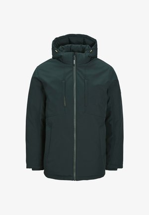 Dark green insulated jacket with a hood, featuring a zip closure and two front pockets, made from a smooth, textured fabric.