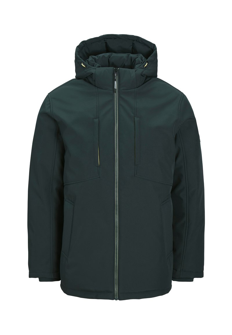 Veste isolante vert foncé avec une capuche, dotée d'une fermeture éclair et de deux poches avant, fabriquée à partir d'un tissu lisse et texturé.