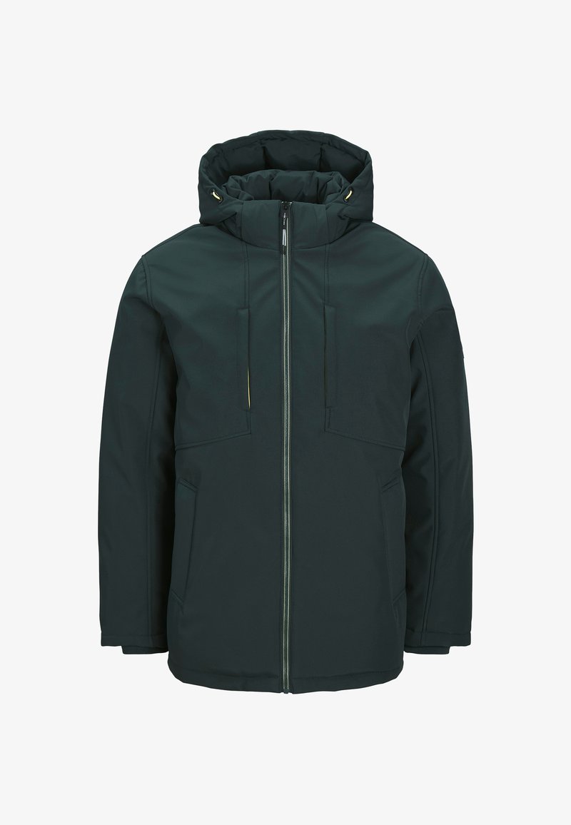 Dunkelgrüne isolierte Jacke mit Kapuze, ausgestattet mit einem Reißverschluss und zwei Fronttaschen, aus einem glatten, strukturierten Stoff gefertigt.