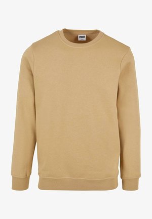 Sweatshirt bej din bumbac cu guler peste umăr, mâneci lungi și mansete ribbate. Textură netedă, design minimalist, fără modele vizibile sau accesorii.